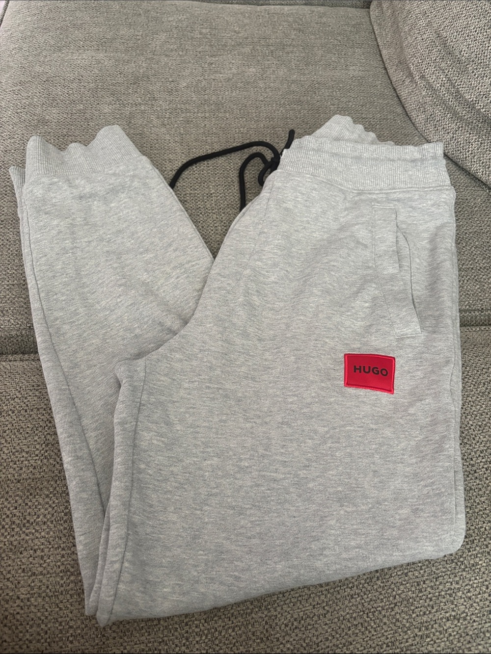 HUGO Light Gray Sweat Joggers with Red Logo Patch
